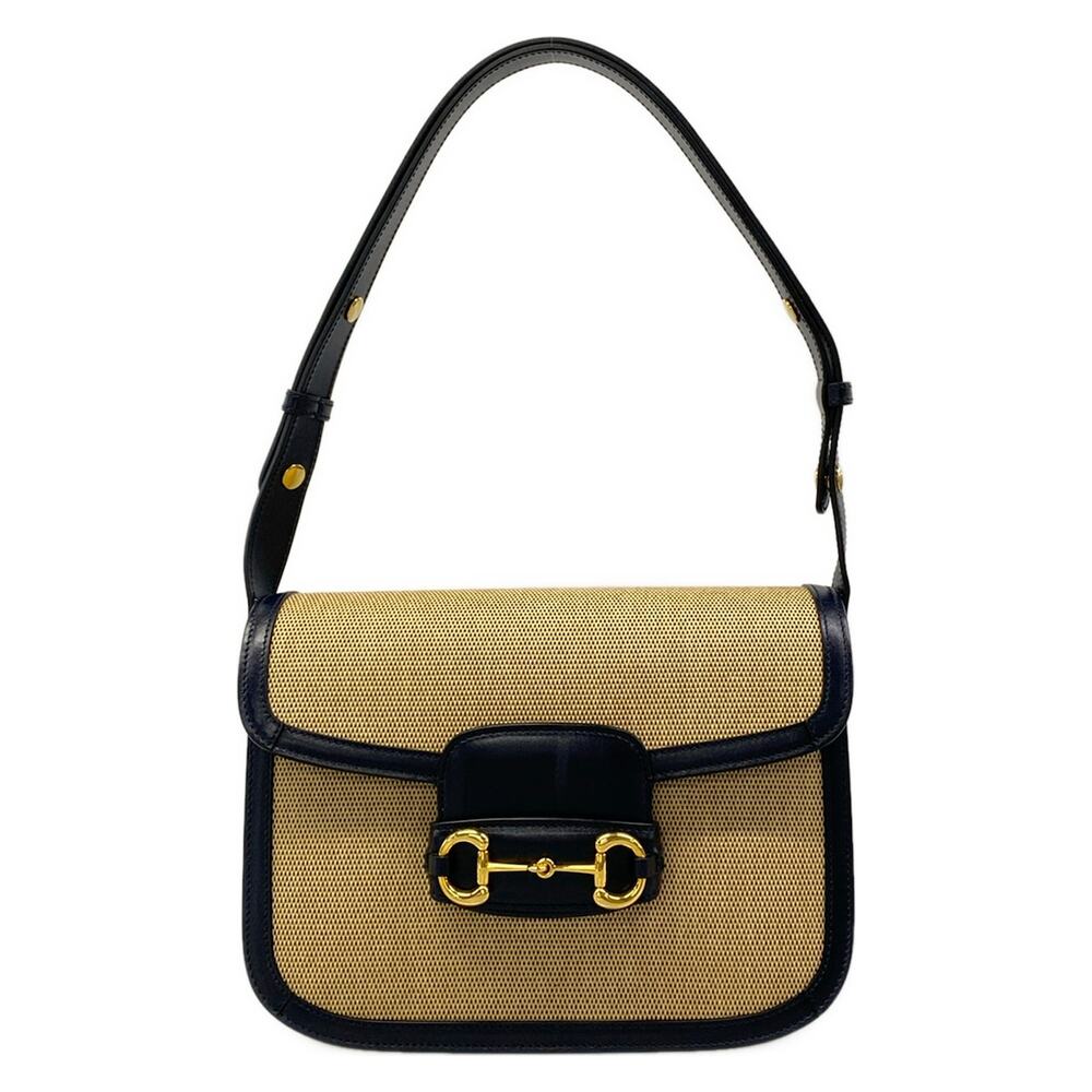 Gucci Horsebit 1955 Shoulder Bag 602204 Beige Dark Navy Canvas Leather